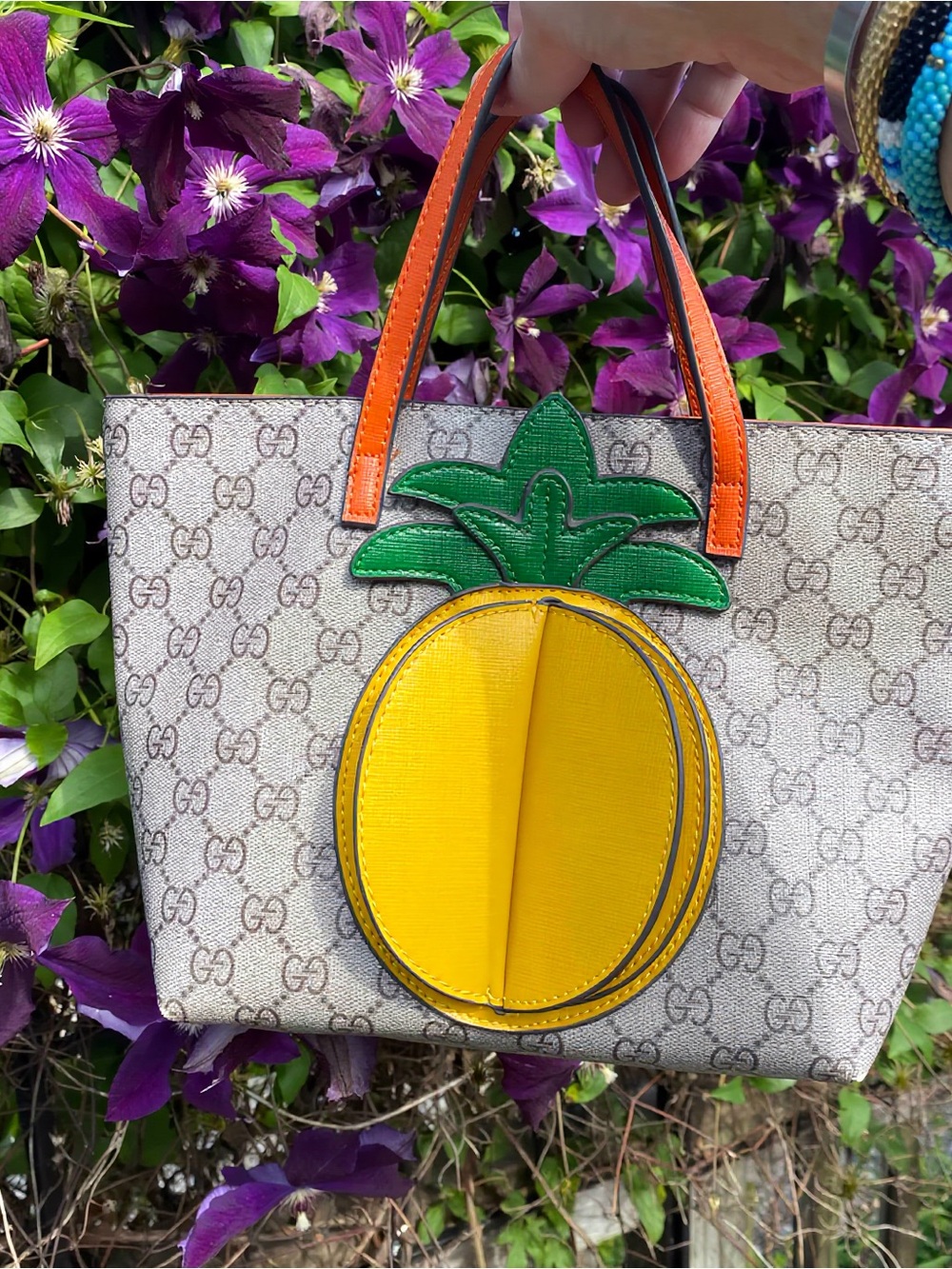 Fashion Beige GG Canvas Tote with Yellow Pineapple Appliqué
